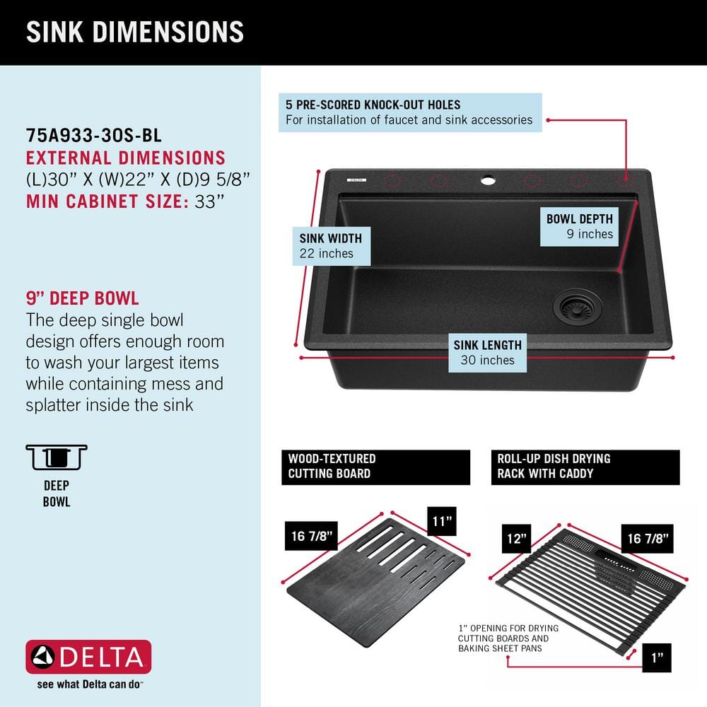 Black Granite Composite Single Bowl Kitchen Sink with WorkFlow Ledge