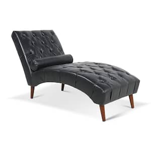 Black PU Leather Wood Outdoor Chaise Lounge with Upholstered Cushions