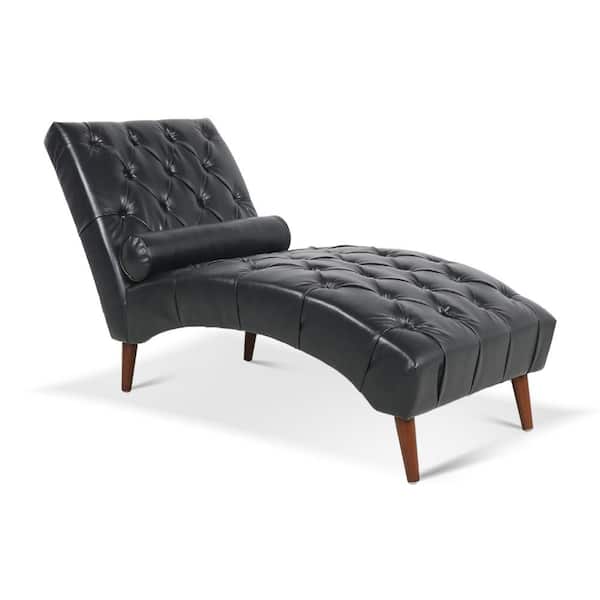 Unbranded Black PU Leather Wood Outdoor Chaise Lounge with Upholstered Cushions