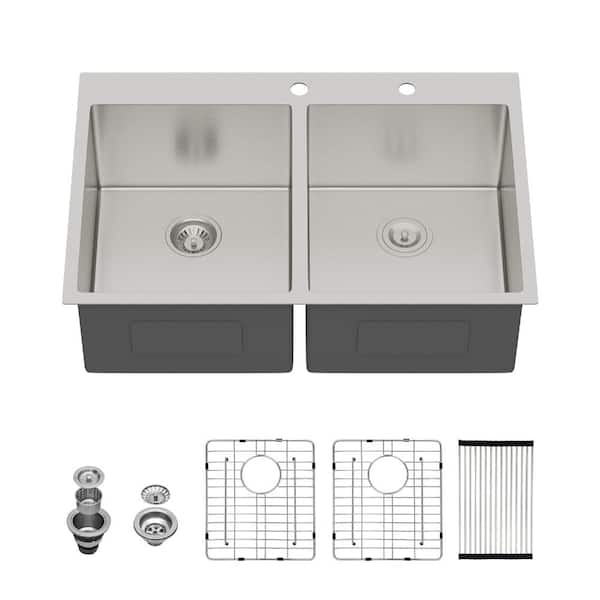 33 in. Drop-In Double Bowl Brushed Nickel Stainless Steel Kitchen Sink with Two 10" Deep Basin