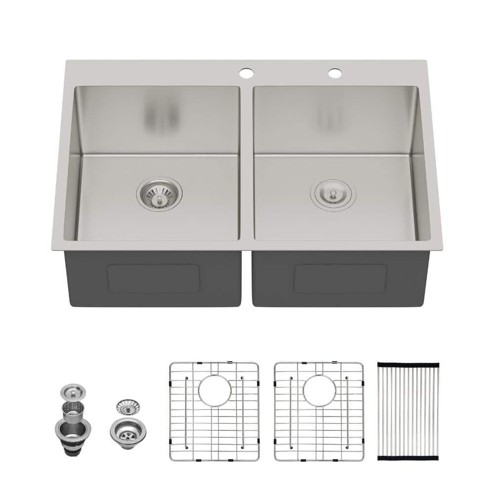 33 in. Drop-In Double Bowl(50/50) 16-Gauge Brushed Nickel Stainless Steel Kitchen Sink with Bottom Grids price history on PriceWatchPro