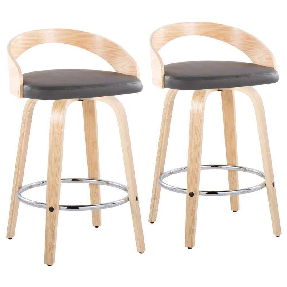 Natural Wood and Chrome Swivel Counter Stool with Grey Seat
