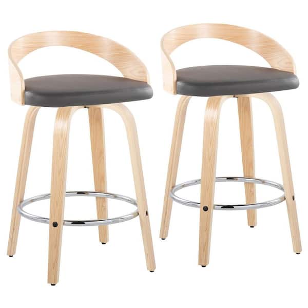 Lumisource Grotto 25.25 in. Grey Faux Leather, Natural Wood, and Chrome Metal Fixed-Height Counter Stool (Set of 2)