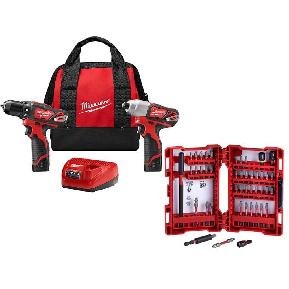 M12 12V Lithium-Ion Cordless Drill Driver/Impact Driver w/Two 1.5Ah Batteries, Charger (2-Tool) & 45pc Bit Kit -  Milwaukee, 2494-22-4023