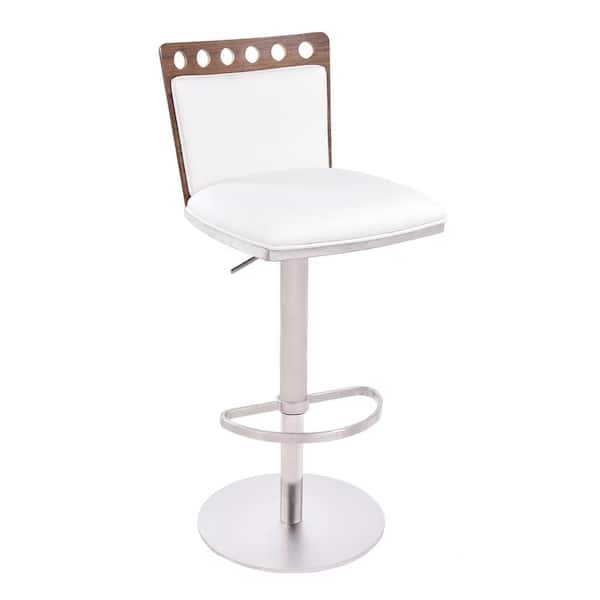 Armen Living Brooke 34-44 in. White Faux Leather and Brushed Stainless Steel Finish Adjustable Bar Stool