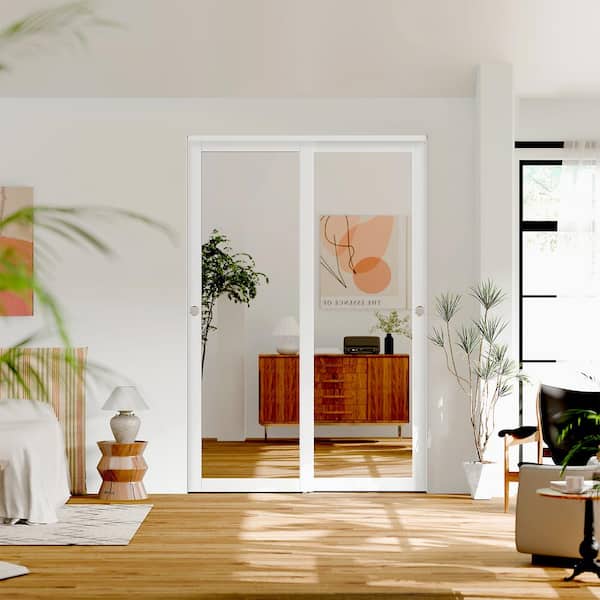 60 in. x 80 in. Solid Core, White Double Slide, MDF, Mirrored Glass, 1-Lite Sliding Door with Handle & All Hardware