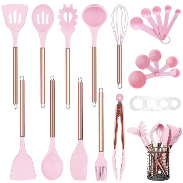 22-Piece Pink Silicone Cooking Utensil Set with Stainless Steel Handles and Holder, Measuring Cups and Spoons