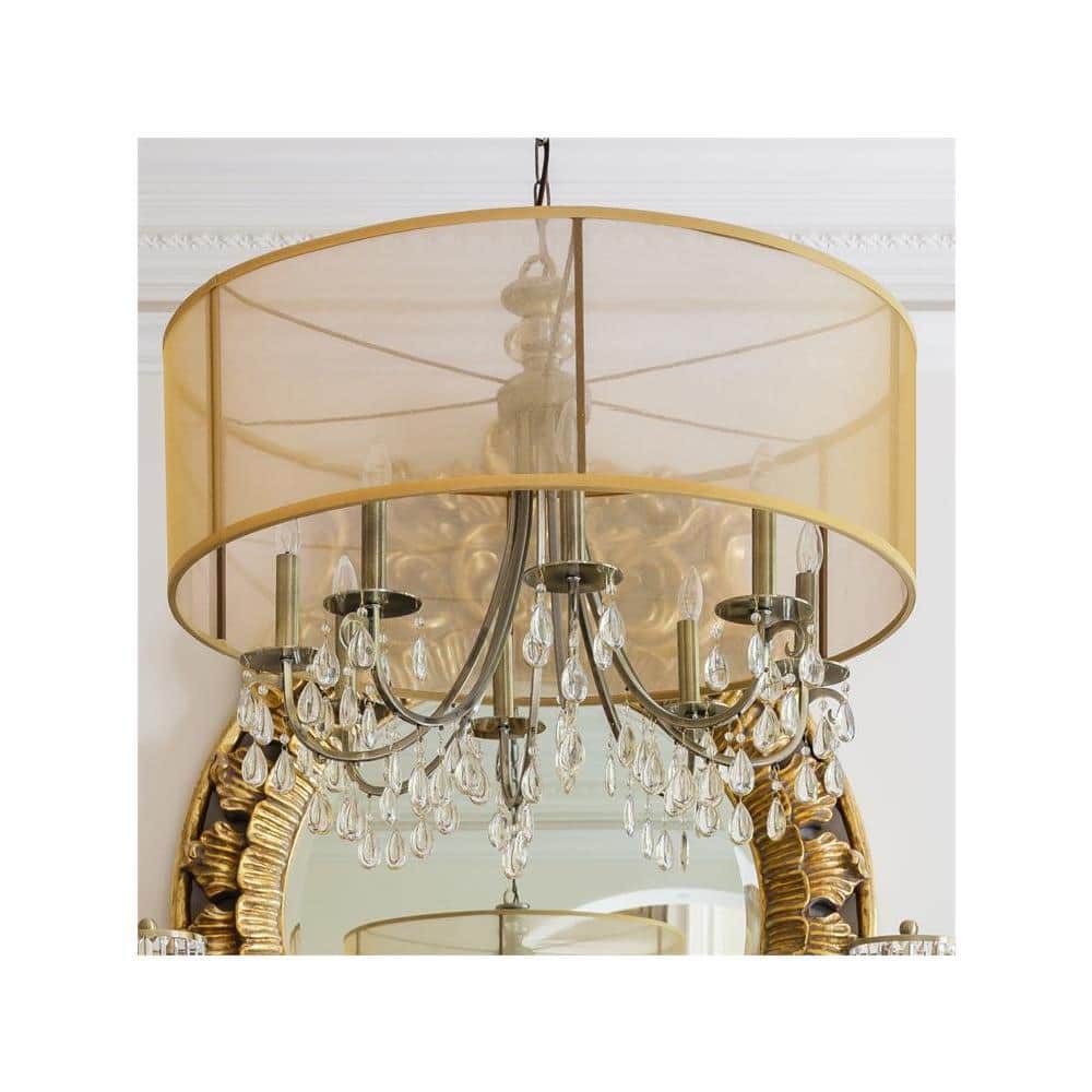 Elegant Antique Brass Drum Chandelier with Silk Shade and Etruscan Teardrop Crystals
