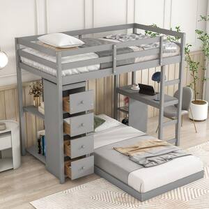 Gray Twin over Twin Bunk Bed with Four-drawer Dresser and Desk, Wooden Floor Bunk Bed Frame with Shelves for Kids,Teens