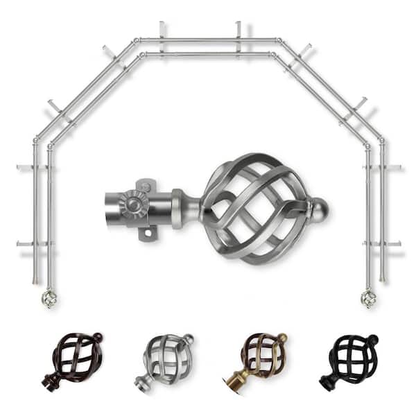 EMOH 13/16" Dia Adjustable 5-Sided Double Bay Window Curtain Rod 28 to 48" (each side) with Bianca Finials in Satin Nickel