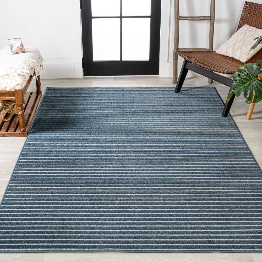 Ivory and Navy Striped Synthetic 4' x 6' Reversible Rug