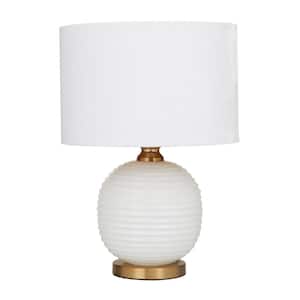 19 in. White Glass Ribbed Task and Reading Table Lamp with Gold Accents