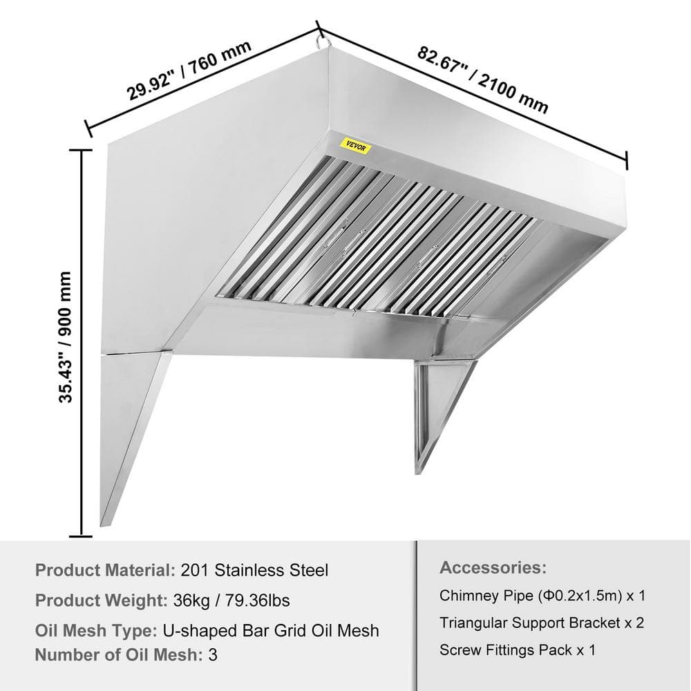 VEVOR 7FT Stainless Steel Commercial Exhaust Hood with Removable Oil Filters