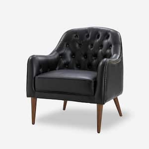 Clara 28.5 in. Wide Classic Style Black Genuine Leather Barrel Chair with Tufted Back and Solid Wood Legs