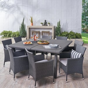 Aristo 30 in. Grey 9-Piece Metal Square Outdoor Dining Set with Silver Cushions