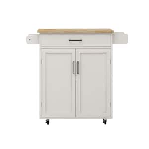 White Rubber Wood Top Kitchen Cart with 1 drawer & 2 doors with Adjustable Shelves & towel rack