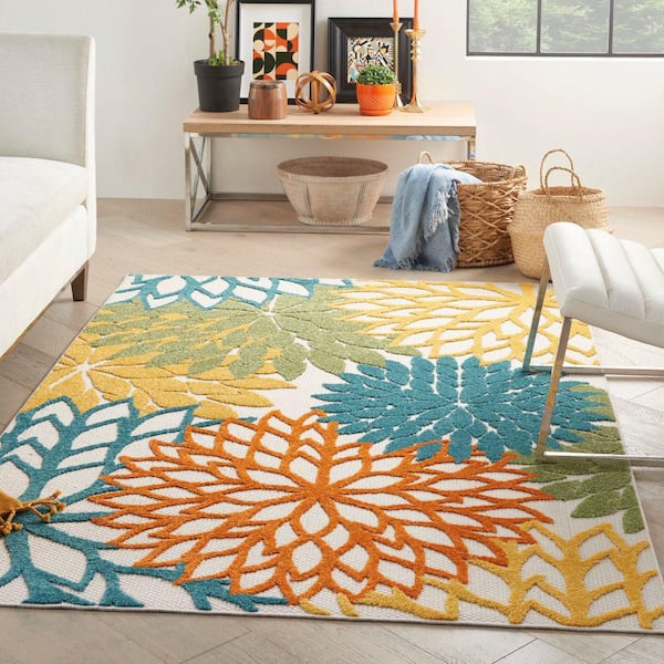 Aloha Turquoise Multicolor 5 ft. x 8 ft. Floral Contemporary Indoor/Outdoor Patio Area Rug