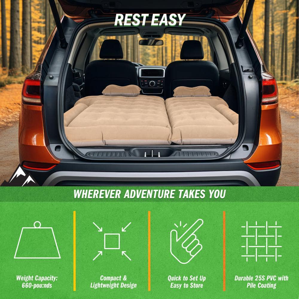 Beige Inflatable Car Air Mattress with Pump and Pillows