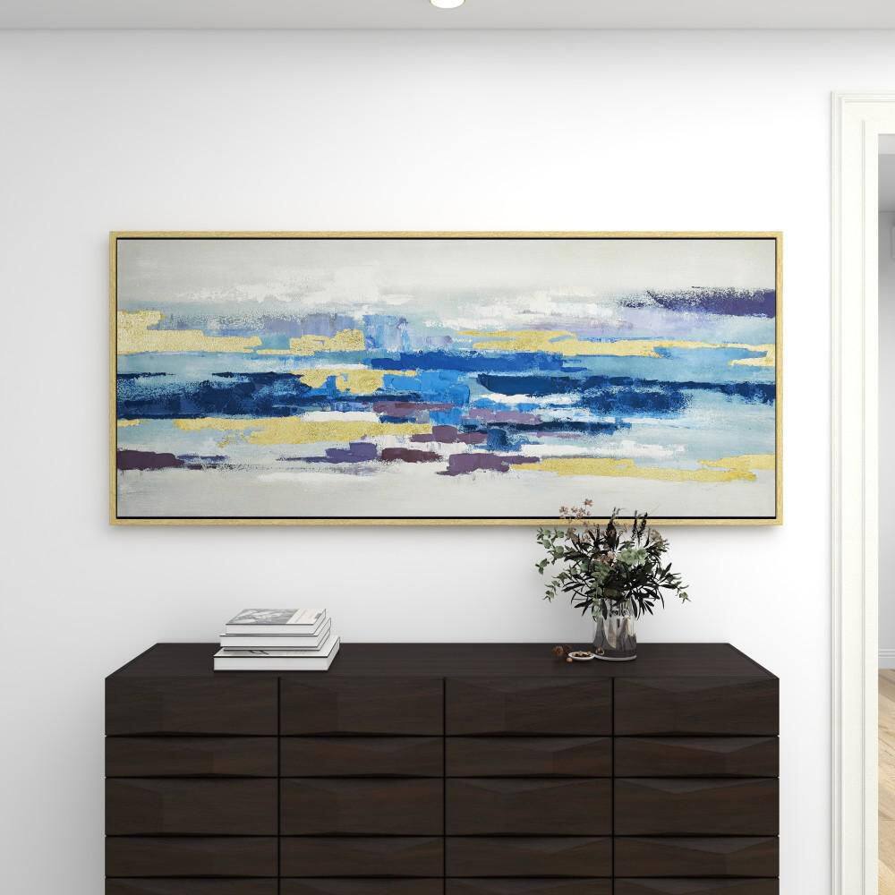 Large Blue and Gold Abstract Canvas Art with Gold Frame