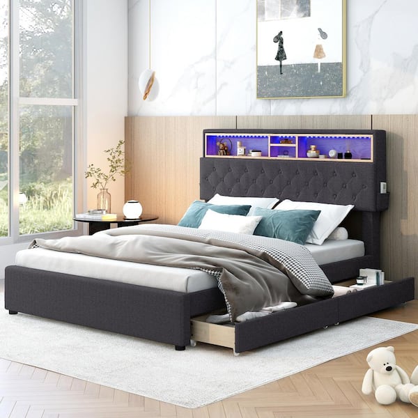 CSC DECOR INC Wood Frame Dark Gray Full Size Upholstered Platform Bed with Storage Headboard, LED, USB Charging and 2-Drawers