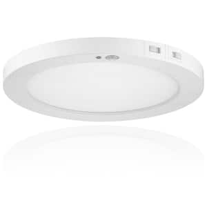 Matte White 9 in Motion Sensor Photocell Sensor 18W 3CCT Integrated LED Flush Mount Disc Light with White Acrylic Shade