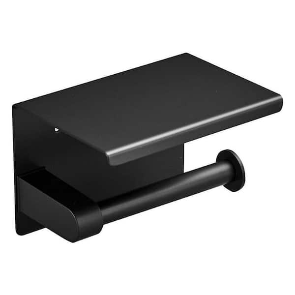 BYH build your home Wall-Mount Single Post Toilet Paper Holder with Phone Shelf Holders Tissue Roll Holder Hangers Stand in Matte Black