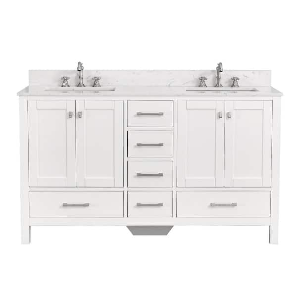 GlamourAura 60 in. W x 22 in. D x 39.24 in. H Double Sink Bath Vanity in White with White Engineered Stone Top