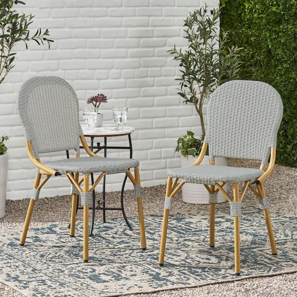 Flynama Set of 2 Outdoor PE Rattan and Aluminum Armless French Bistro Chairs in Gray and Bamboo Finish