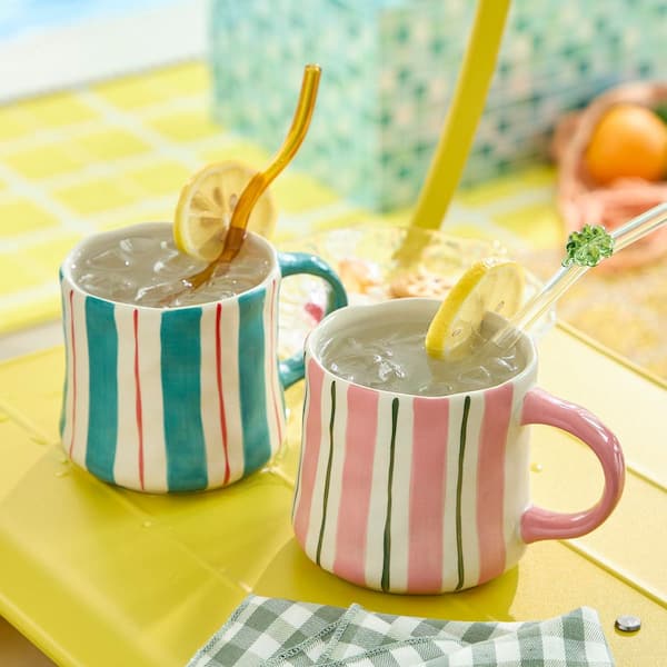 Numhew 12 oz. Multicolor Striped Ceramic Coffee Mug Set for Summer Iced Drinks and Latte, Mug Gift Set for Office (Set of 2)