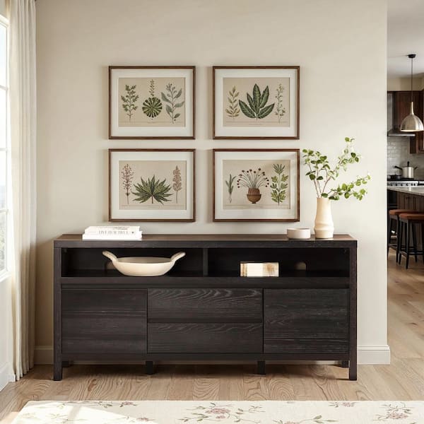 Walker Edison Furniture Company Modern Farmhouse Rustic Black MDF 65 in. Sideboard with Storage Doors and Drawers