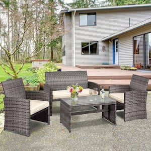 4-Pieces Patio Outdoor Rattan Furniture Set Chair Loveseat Table with White Cushion