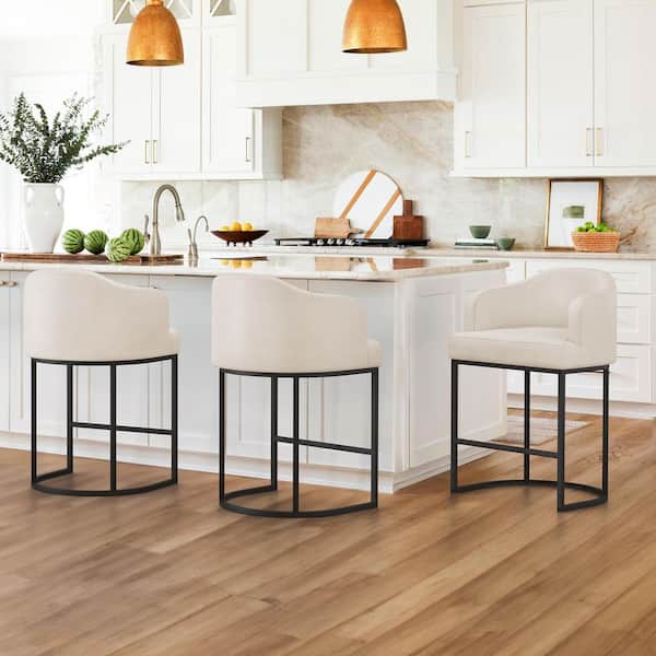 Crystal Ivory 26 in. Counter Height Faux Leather Upholstered Bar Stool Kitchen Island Stool With Metal Frame (Set of 3)