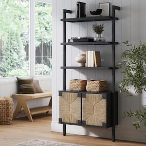 Beacon 72 in. Tall Black 3-Shelf Bohemian Wood Bookcase Storage Cabinet with Seagrass Doors, Black/Seagrass