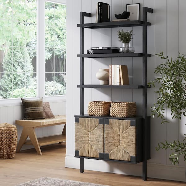 Beacon 72 in. Tall Black 3-Shelf Bohemian Wood Bookcase Storage Cabinet with Seagrass Doors, Black/Seagrass