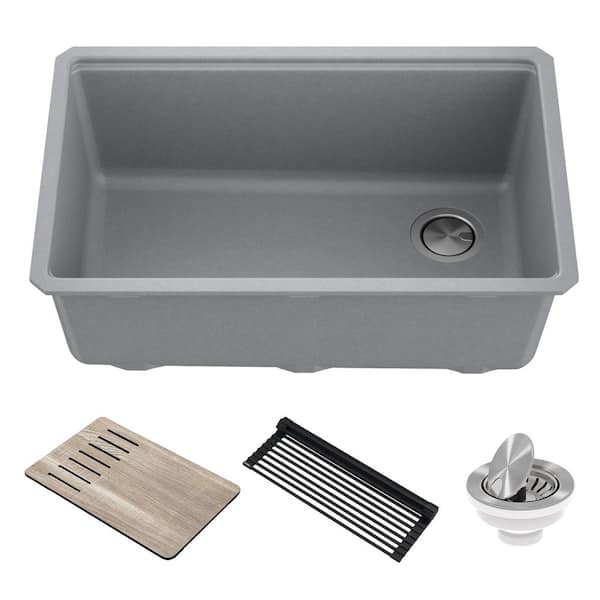 KRAUS Bellucci Gray Granite Composite 30 in. Single Bowl Undermount Workstation Kitchen Sink with Accessories