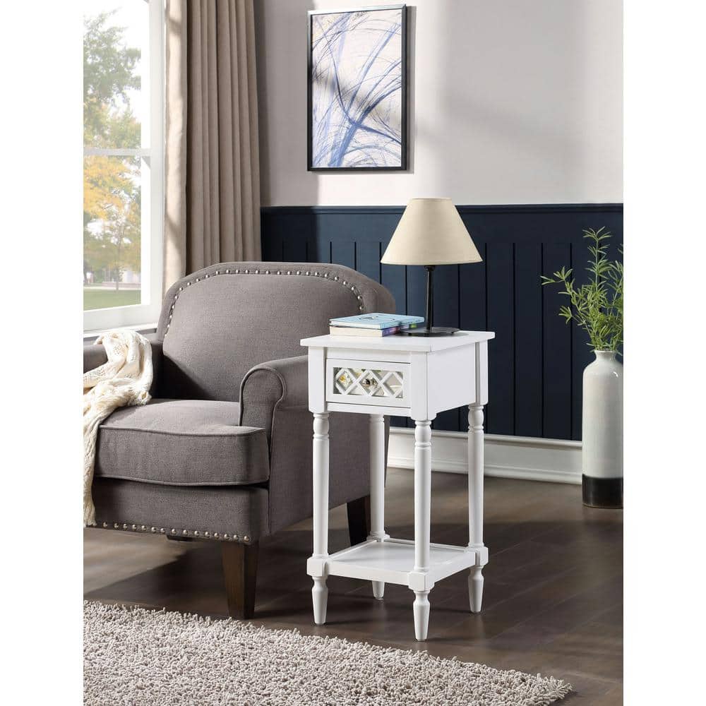 White Pinewood Square Accent Table with Mirrored Drawer