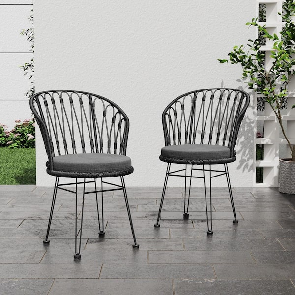 Unbranded Gray Rattan Outdoor Dining Chairs with Gray Cushion-Minimalist Legs and Weather-Resistant Wicker Design (Set of 2)
