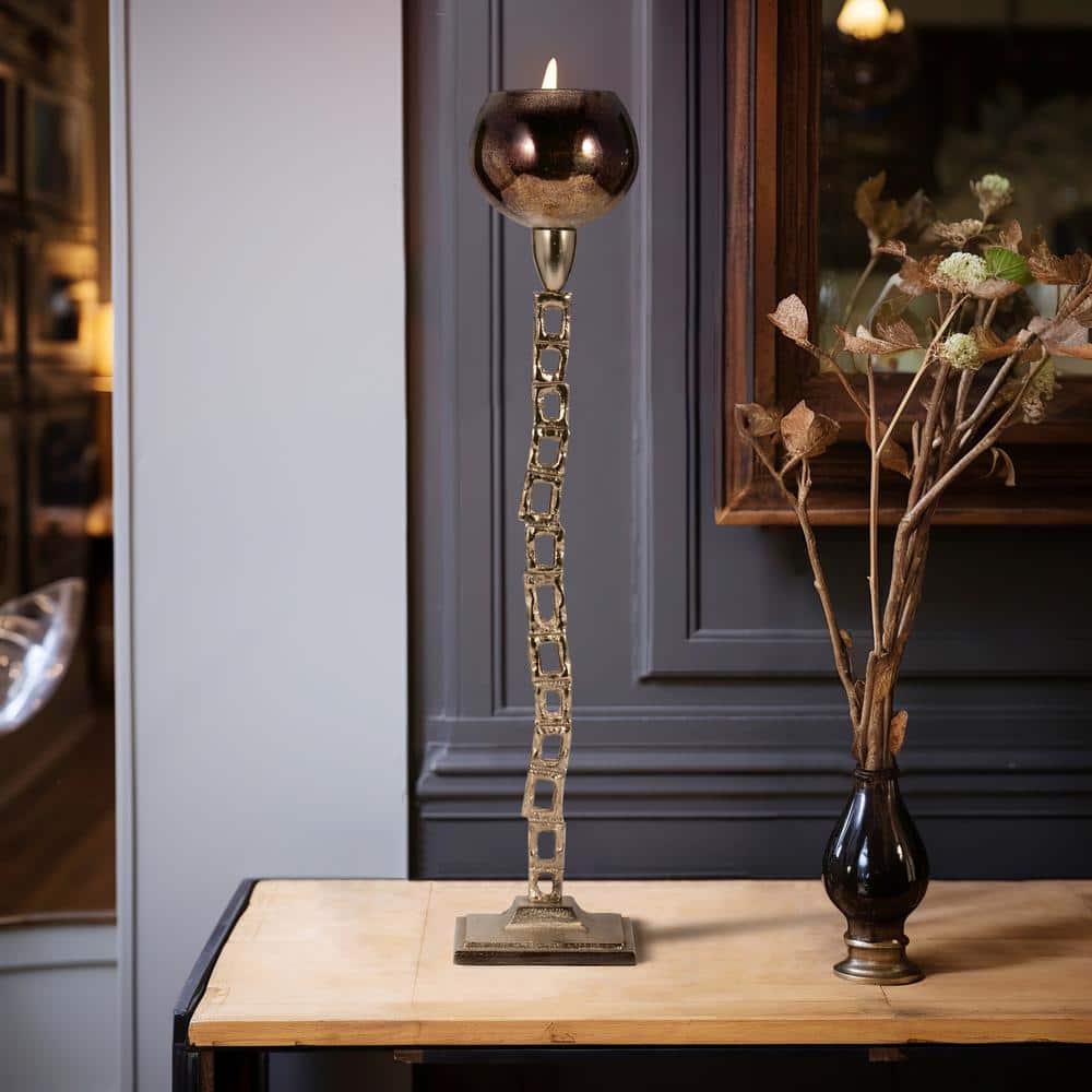 Tall Gold Aluminum and Glass Tabletop Candle Lantern