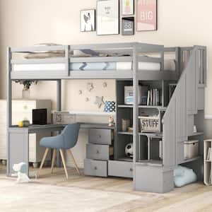 Gray Twin Size Wood Loft Bed with L-Shaped Desk and 4 Drawers, Cabinet and Storage Staircase