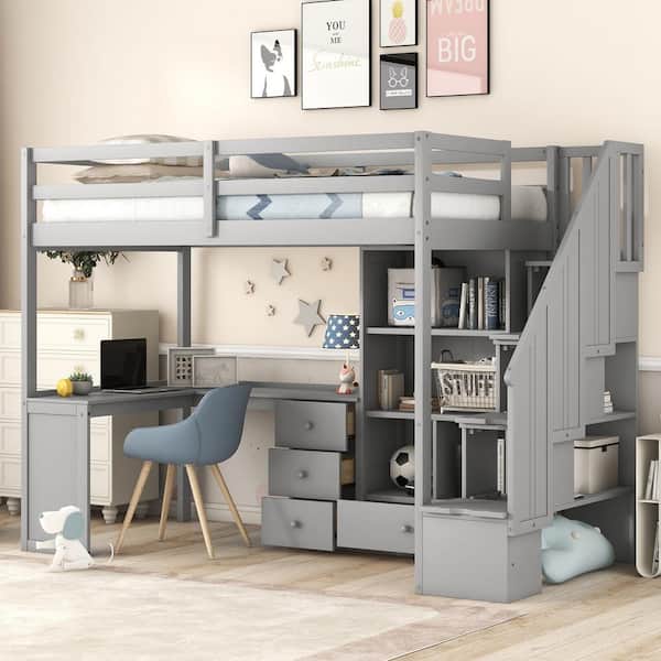 Harper & Bright Designs Gray Twin Size Wood Loft Bed with L-Shaped Desk and 4 Drawers, Cabinet and Storage Staircase