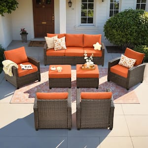 Solidago Brown 7-Piece Wicker Outdoor Patio Conversation Seating Set with Orange Red Cushions