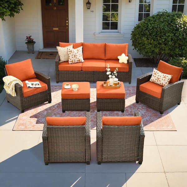 XIZZI Solidago Brown 7-Piece Wicker Outdoor Patio Conversation Seating Set with Orange Red Cushions