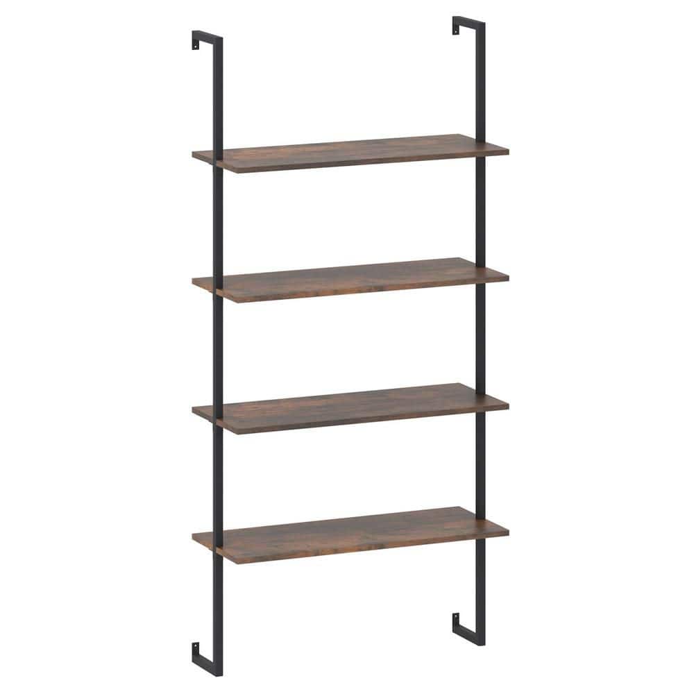 Costway 64 in. Coffee Wood 4-Shelf Ladder Bookcase Industrial Wall