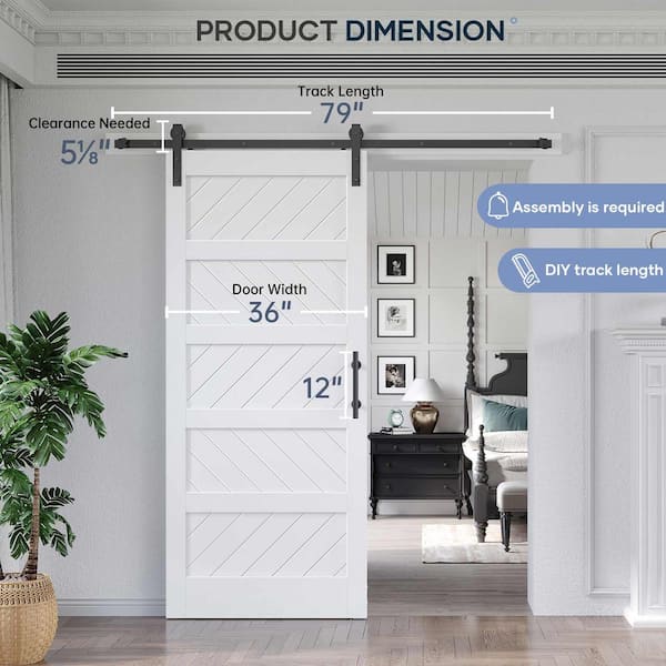 36 in. x 84 in. 5-Panel White Finished MDF Sliding Barn Door with Hardware Kit
