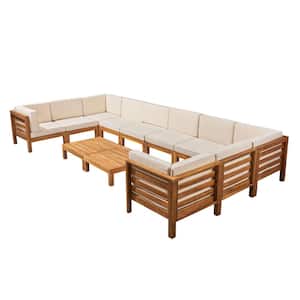 Oana Teak Brown 12-Piece Wood Outdoor Patio Conversation Sectional Seating Set with Beige Cushions