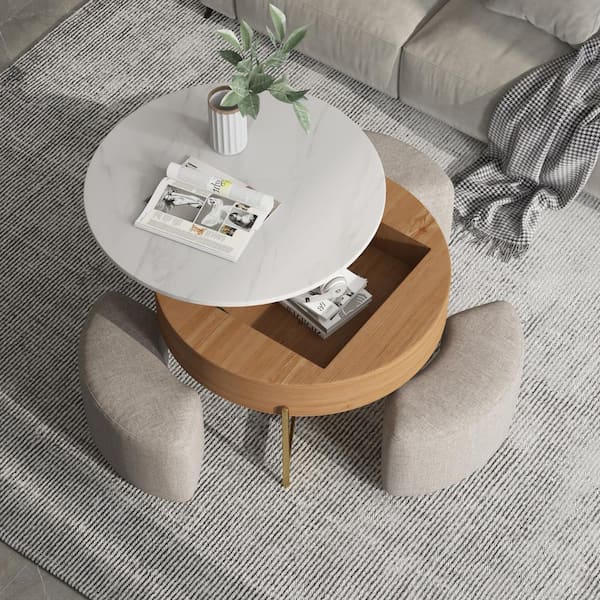 31 .5 in. Brown Lift Top Round Wood Coffee Table with 3 Linen Stools