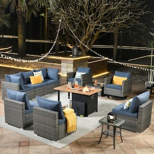Sanibel Gray 11-Piece Wicker Outdoor Patio Conversation Sofa Set with a Storage Fire Pit and Denim Blue Cushions