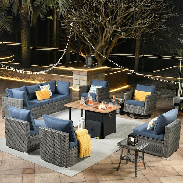 Toject Sanibel Gray 11-Piece Wicker Outdoor Patio Conversation Sofa Set with a Storage Fire Pit and Denim Blue Cushions