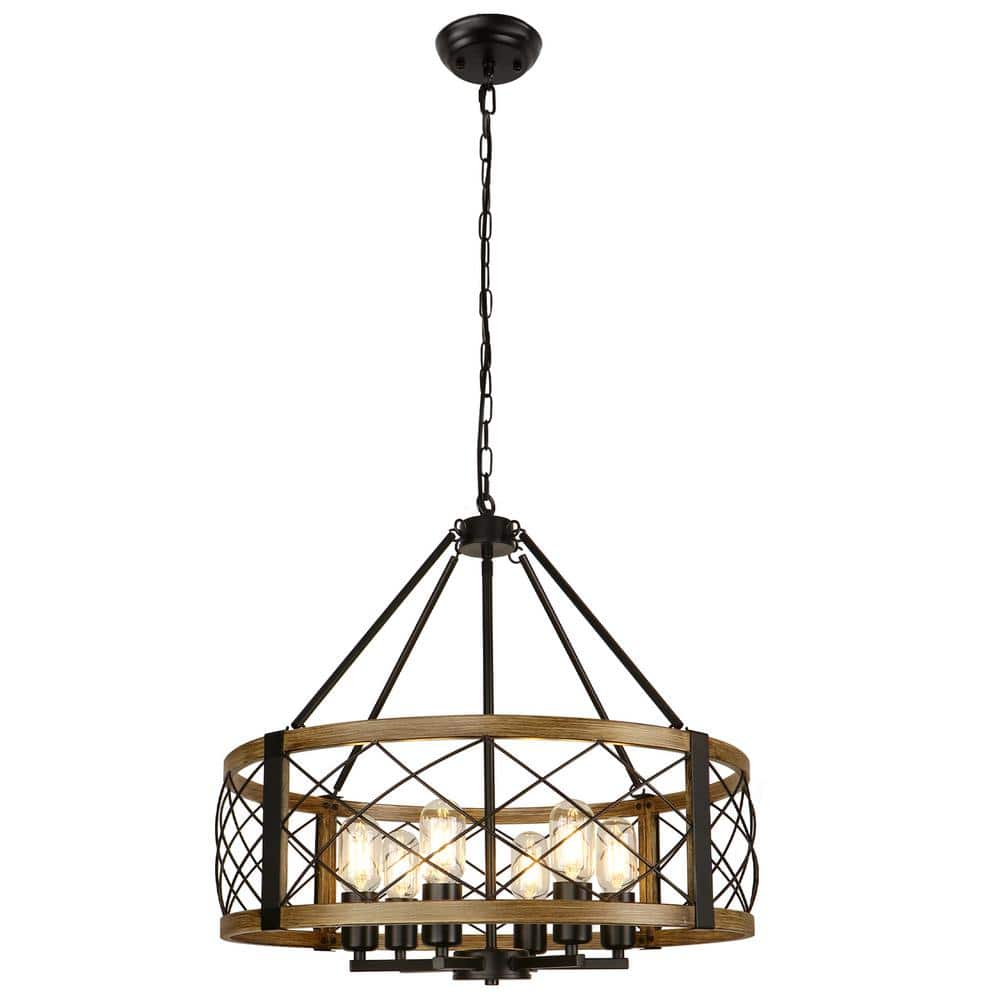 23 in. 6-Light Black and Imitation Wood Drum Farmhouse Rustic Chandelier fo