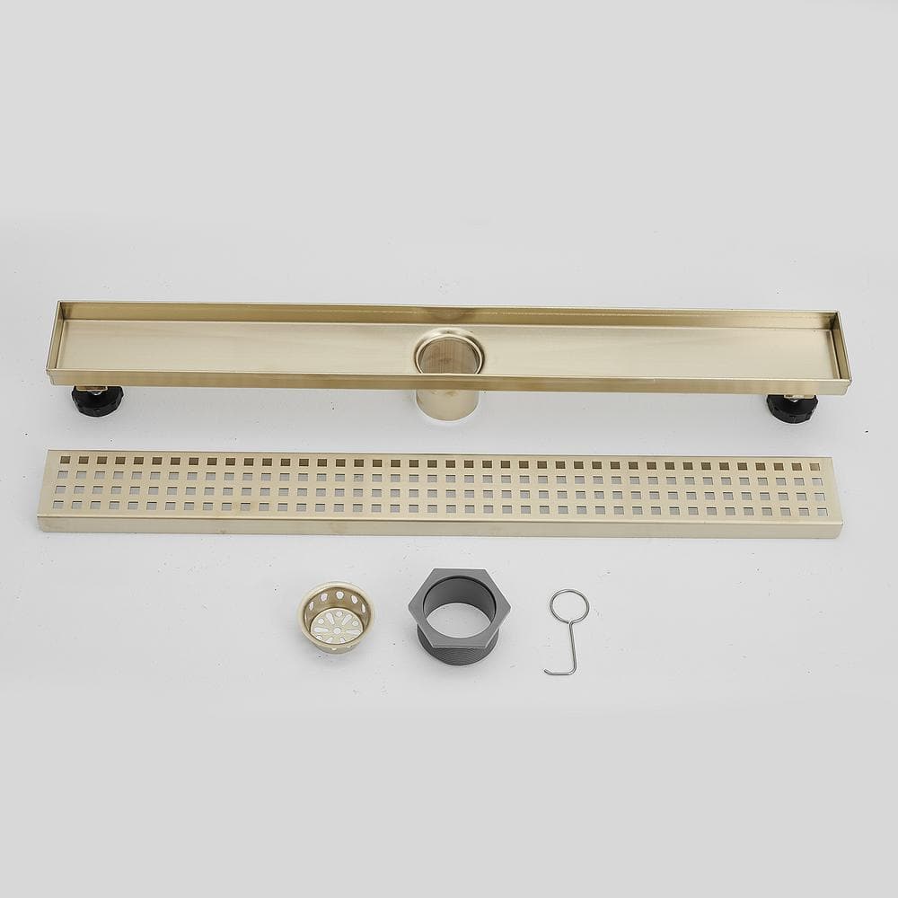 Brushed Gold 24-Inch Stainless Steel Linear Shower Drain with Square Pattern